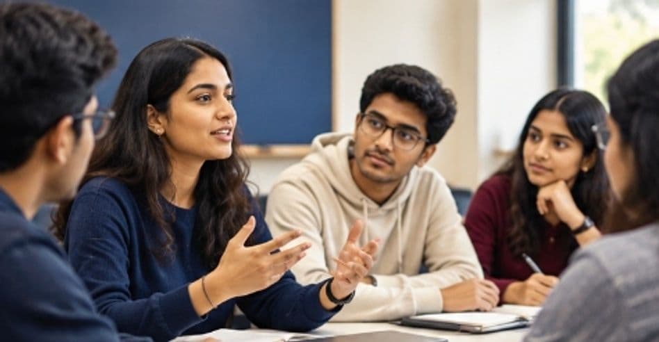 Adult university students collaborating in seminar discussion on communication theories